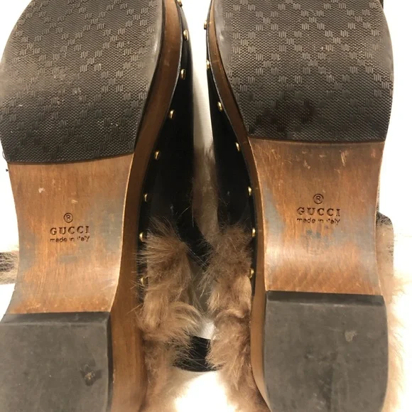 Gucci Black Mules with Brown Fur and Gold Detail - Picture 3 of 9